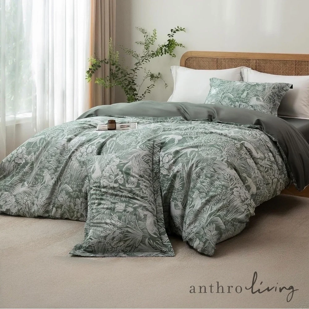 NEW Anthro Green Floral Botanical Full Queen King Cotton Bedding Duvet Sham Set